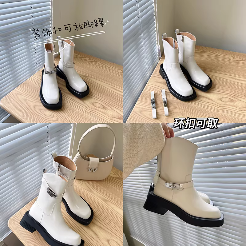 Giày bốt Martin kiểu Anh đế dày bằng da thật Pear Xiaoqi dành cho nữ, giày Chelsea phong cách đường phố ngọt ngào và cá tính, giày bốt ống khói đế phẳng, giày bốt ngắn.