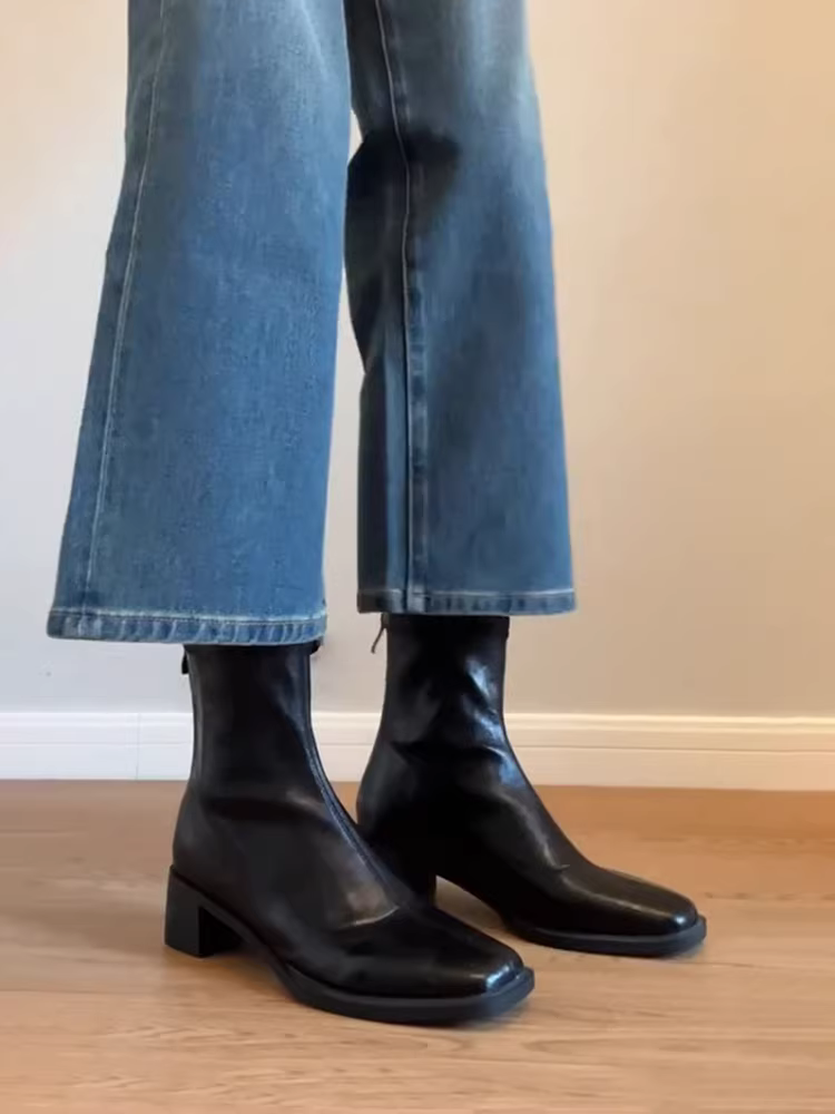 Phiên bản da bò ~ Giày bốt Martin có khóa kéo phía sau kiểu cổ điển dành cho nữ, giày bốt ôm sát mũi vuông bằng da thật đơn giản và đa năng