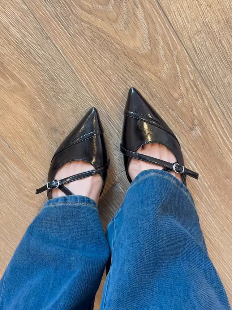 Phiên bản da cừu ~ Dép quai ngang bằng kim loại dành cho nữ, mũi nhọn thanh lịch, miệng nông, thiết kế mới, giày da thật mũi kín