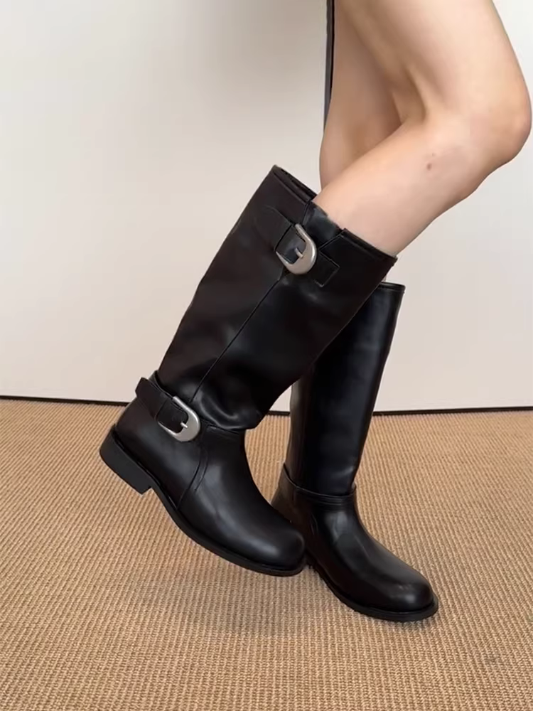 Phiên bản da bò ~ Giày bốt cưỡi ngựa đế dày ống rộng bằng da thật dành cho nữ, phong cách Anh quốc, cổ điển, tôn dáng, có khóa thắt lưng, bốt dài qua đầu gối