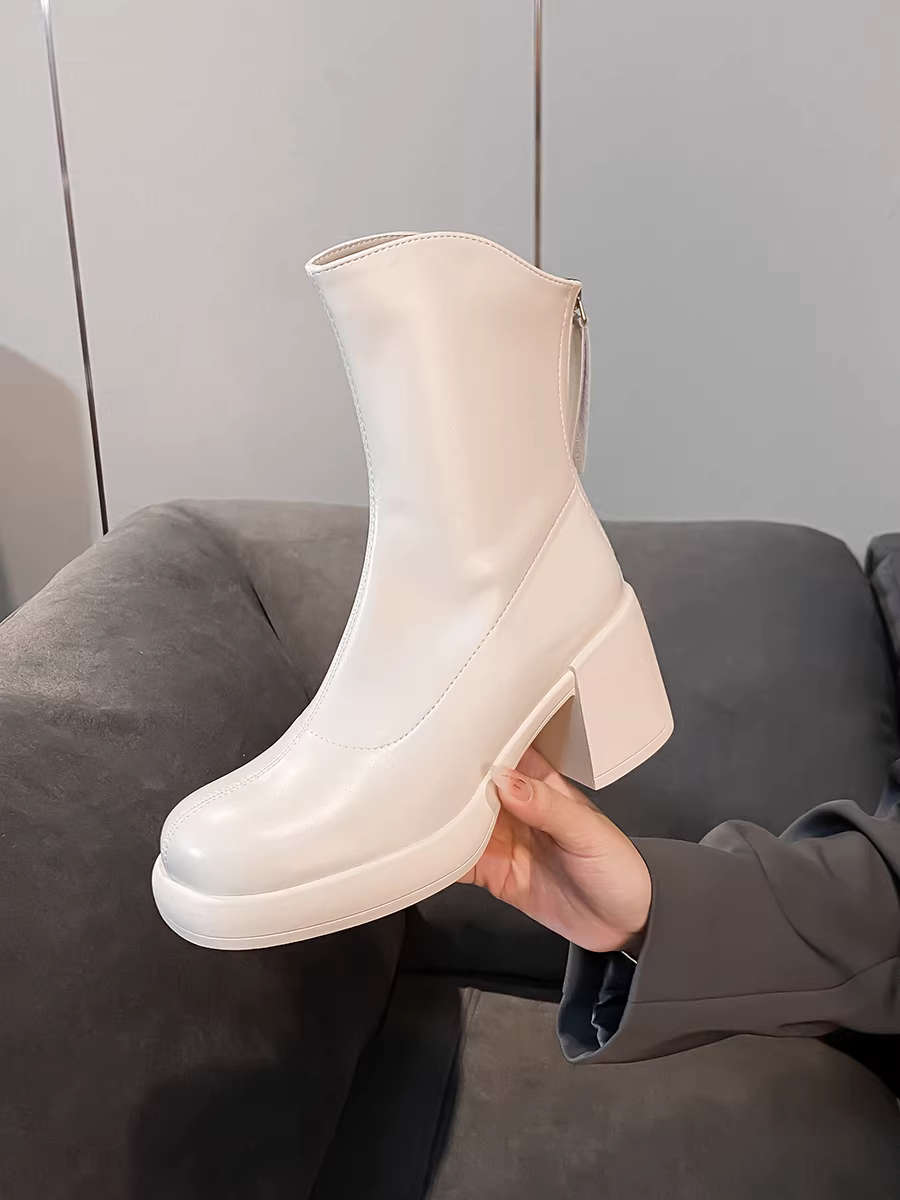 Giày bốt cổ ngắn màu trắng Pear Xiaoqi da thật đế dày tăng chiều cao đế chống thấm nước gót nhọn cao gót giày bốt mỏng dành cho nữ Giày bốt Martin