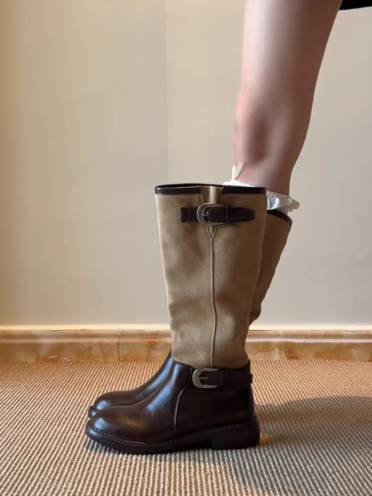 Phiên bản da bò ~ Giày bốt da thật đa năng kiểu phương Tây dành cho nữ, kiểu Anh, ống rộng, dài, kiểu dáng thon gọn, gót thấp, thích hợp đi cưỡi ngựa