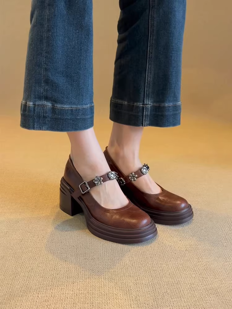 Phiên bản da bò ~ Giày cao gót Mary Jane kiểu Pháp có khóa, da thật, tăng chiều cao, đa năng, giày da nữ kiểu dáng mới