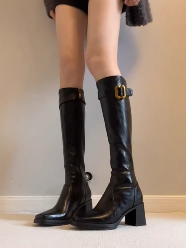 Phiên bản da bò~ Giày bốt cao gót thẳng kiểu Anh dành cho nữ, giày bốt mũi vuông đa năng có khóa ở phía sau có khóa kéo ở phía sau