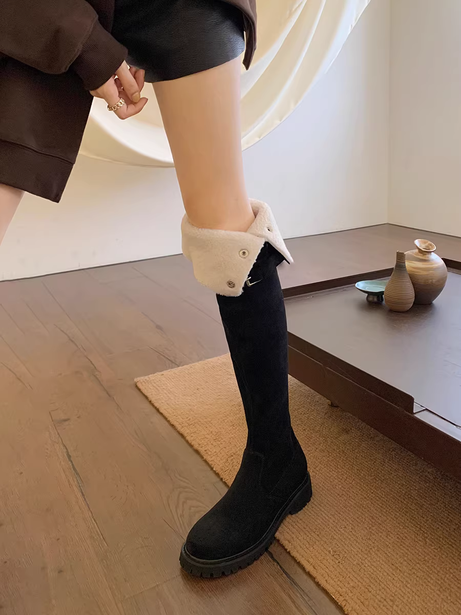 Phiên bản da bò ~ Giày bốt len cừu cao quá đầu gối, kiểu dáng thon gọn, mùa đông 2025, lót lông cừu giữ ấm, bốt cao cổ