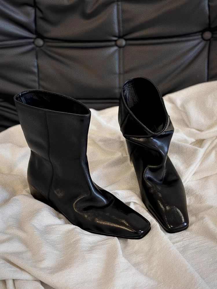 Phiên bản da bò ~ Giày bốt ngắn thoải mái, giản dị, thời trang, thoải mái, đơn giản dành cho nữ, da thật, mũi vuông cổ điển, giày bốt thời trang thanh lịch