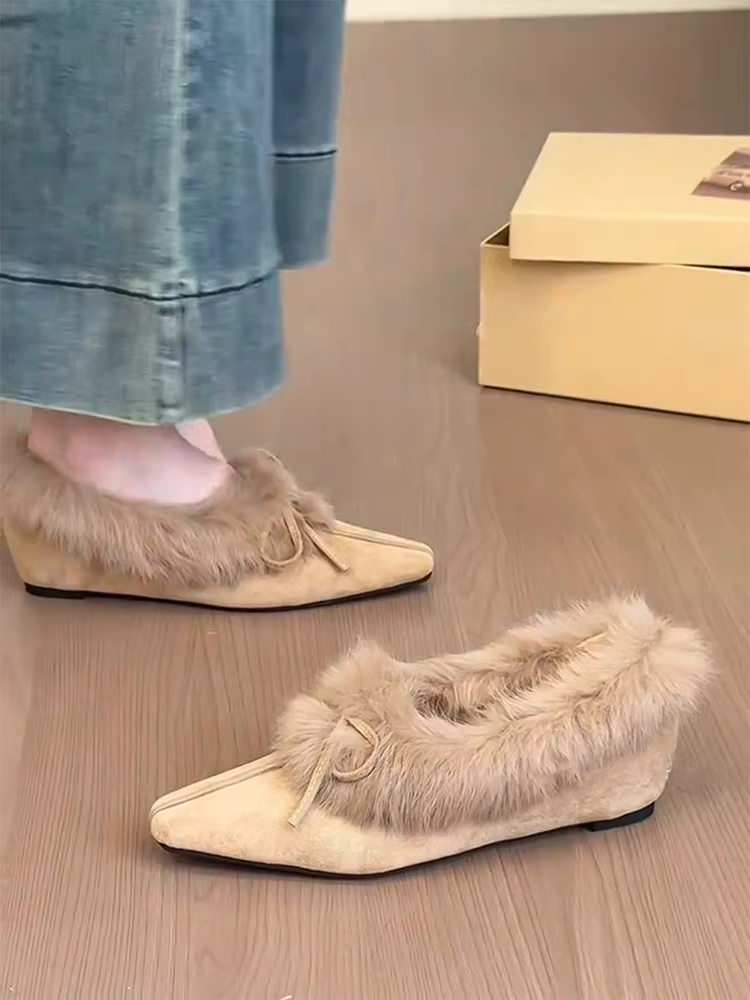 Phiên bản da cừu~ Giày lông thú phong cách Hàn Quốc dành cho nữ, giày mũi vuông nhỏ kiểu lười có nơ, giày đế bằng tăng chiều cao bên trong bằng da lộn