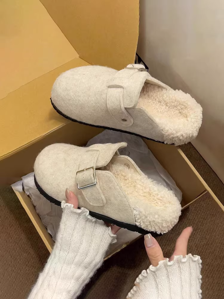 Phiên bản da cừu ~ Giày lười Birkenstock chất liệu mờ, đa năng khi đi ngoài trời, giày mùa đông đơn giản, ấm áp với lớp lót lông mềm và mũi kín dành cho nữ.