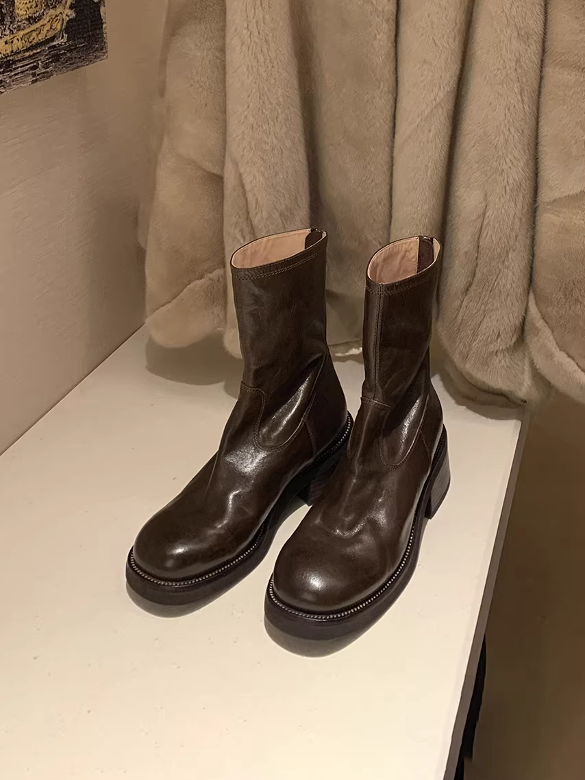 Giày bốt da thật kiểu retro dành cho nữ, mũi tròn, đế dày, khóa kéo phía sau, gót dày, bốt ngắn, tôn dáng, da bò đã qua xử lý, bốt Martin thủ công.