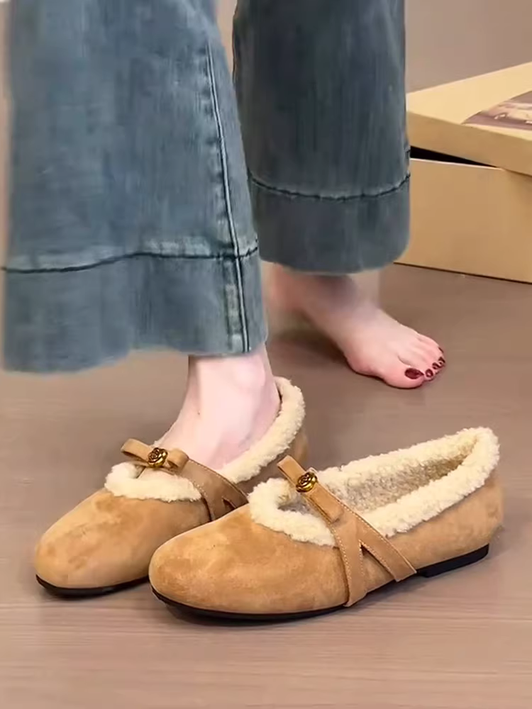 Phiên bản da cừu ~ Giày Mary Jane có nơ hoa trà nhẹ nhàng dành cho nữ, miệng nông, lót lông cừu, giày lông đế phẳng