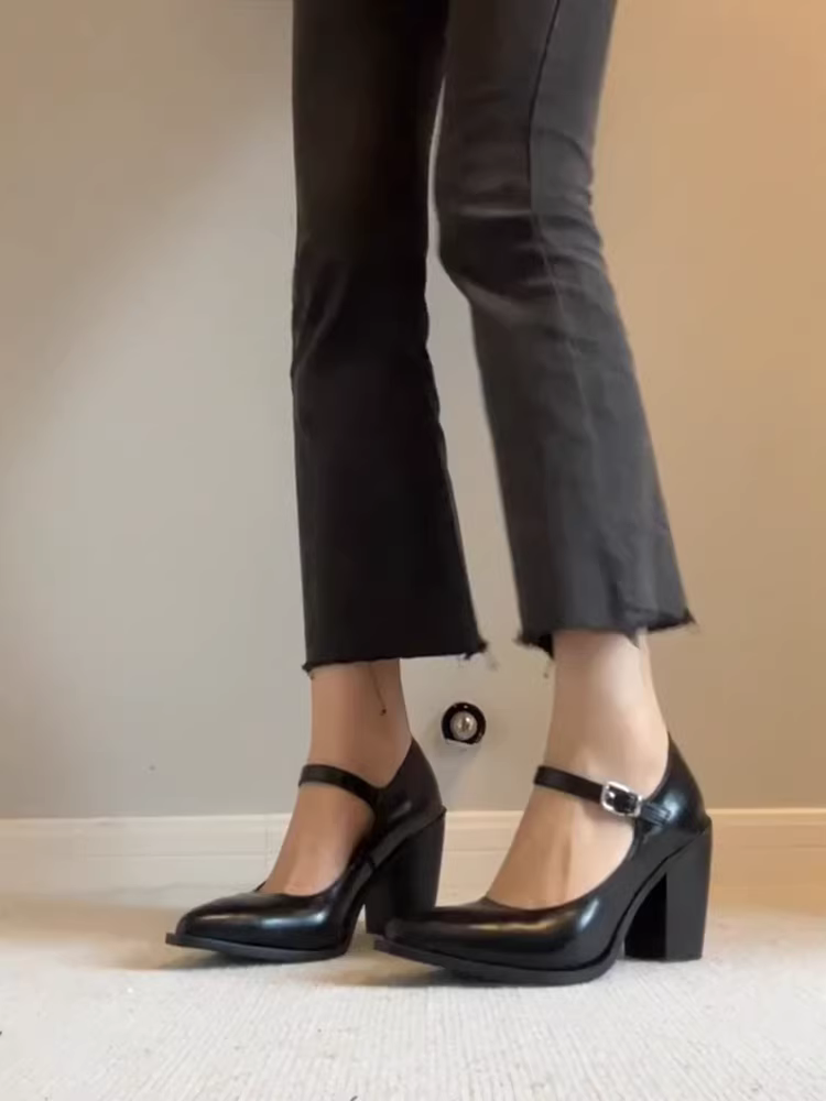 Phiên bản da cừu ~ Giày cao gót cổ điển kiểu Pháp dành cho nữ, mũi nhọn thon gọn, giày đơn da thật thanh lịch, dây đeo mắt cá chân, giày da màu đen