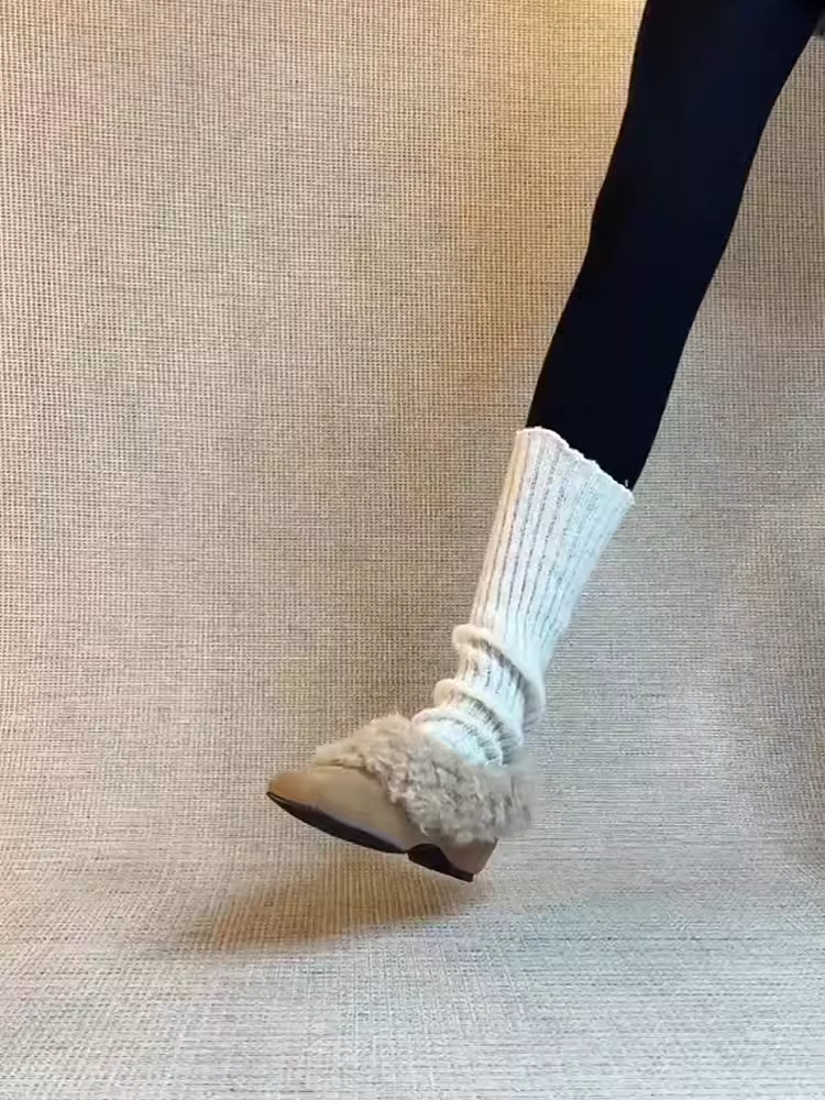 Phiên bản da cừu ~ Giày bốt đi tuyết mũi vuông nhỏ kiểu cổ điển nhẹ nhàng dành cho nữ, giày cotton ấm áp có lót lông cừu, thoải mái và dễ mang