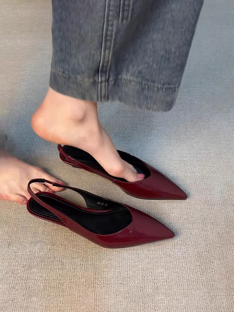 Phiên bản da cừu ~ Giày sandal mũi nhọn hở lưng kiểu Pháp thanh lịch dành cho nữ, giày công sở đa năng mũi nhọn có mũi kín.