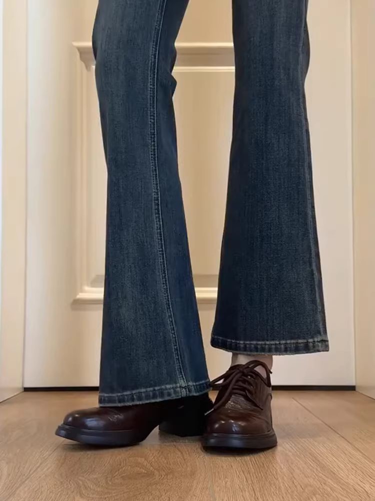 Phiên bản da bò ~ Giày lười da thật phong cách retro đơn giản dành cho nữ, buộc dây, đế dày, gót dày, phong cách preppy, giày da nhỏ thời trang đi làm