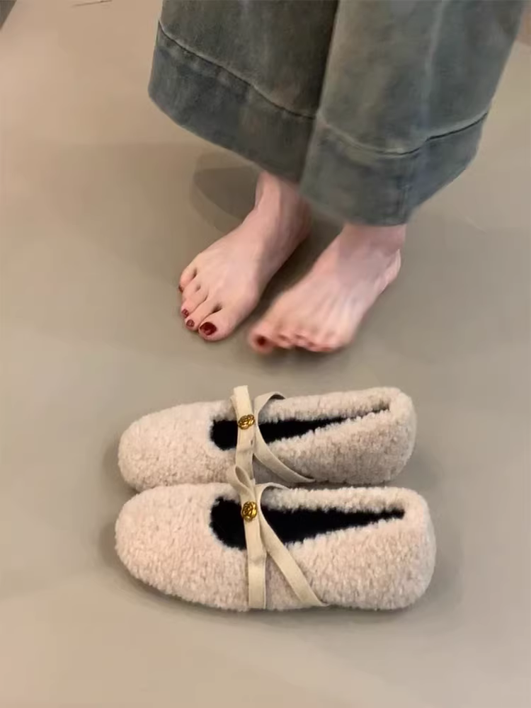 Phiên bản da cừu ~ Giày Mary Jane kiểu Pháp bằng len cừu mềm mại kiểu Pháp dành cho nữ, giày đế bằng tăng chiều cao kiểu cổ tích