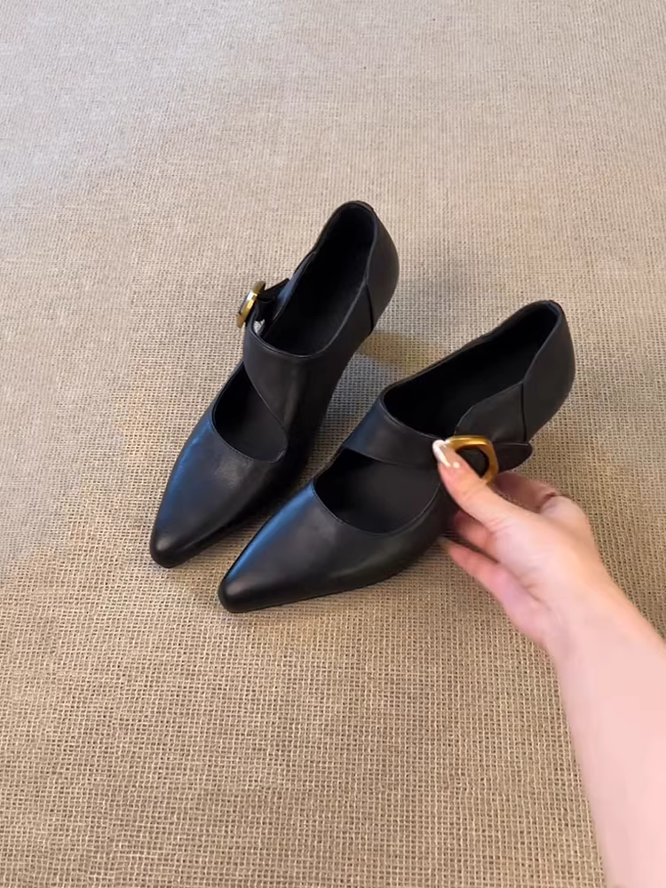 Phiên bản da cừu ~ Giày cao gót Mary Jane thanh lịch và độc đáo dành cho nữ, giày da thật mũi nhọn quai đơn kiểu cổ điển màu đen.