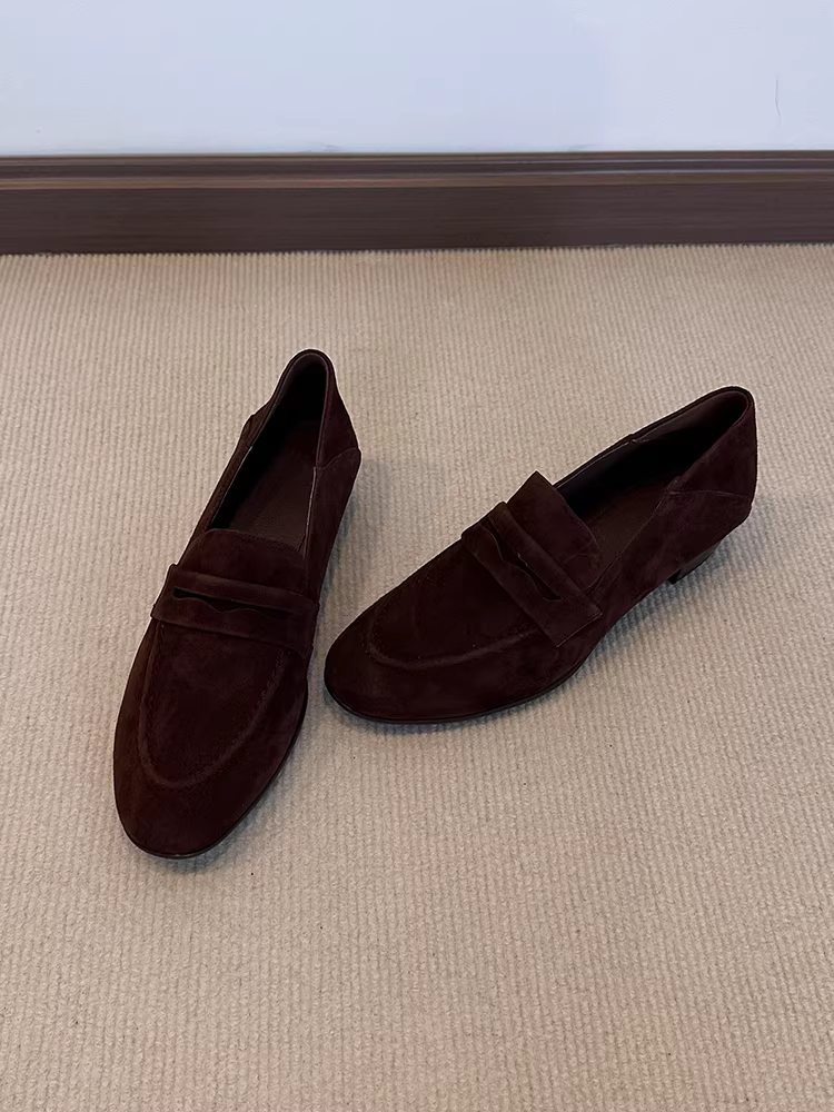 Phiên bản da cừu ~ Giày lười đi làm bằng da thật màu nâu cổ điển dành cho nữ, giày lười, giày da nhỏ gót thấp đơn giản và thanh lịch