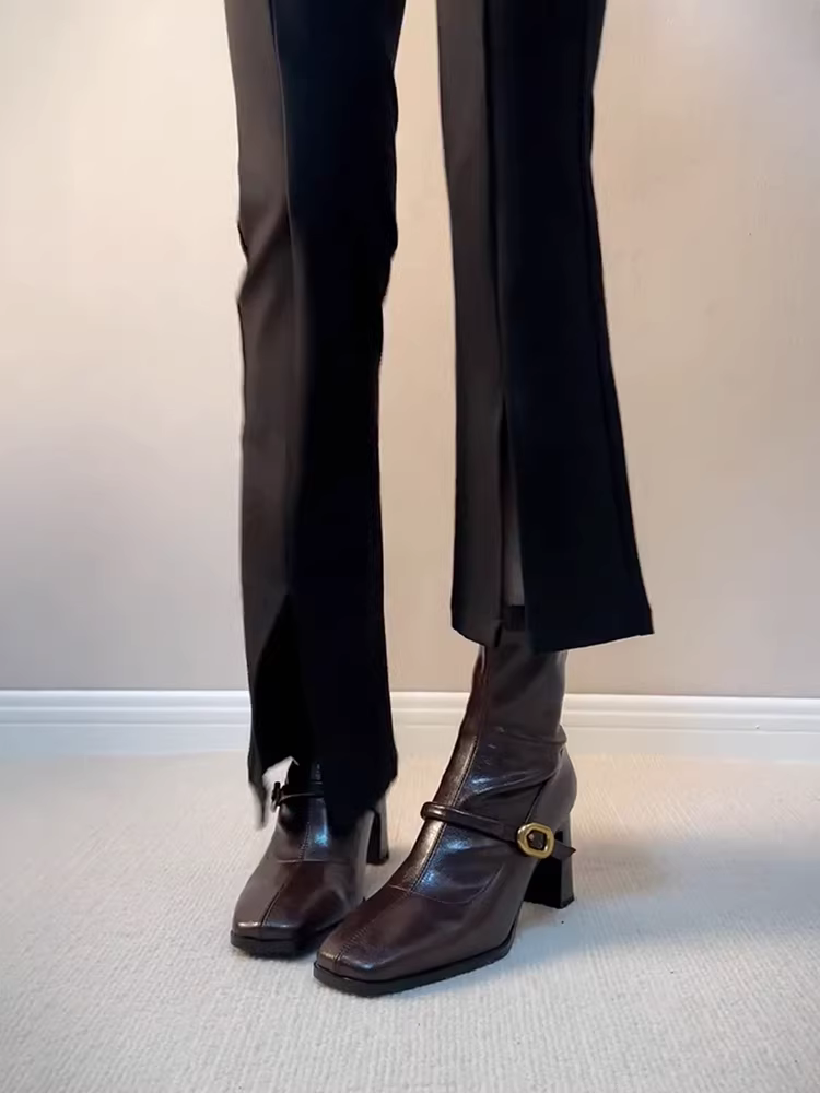 Phiên bản da bò ~ Giày bốt thon gọn mũi vuông kiểu Anh dành cho nữ, giày bốt ngắn đi làm có dây kéo phía sau đơn giản, gót dày