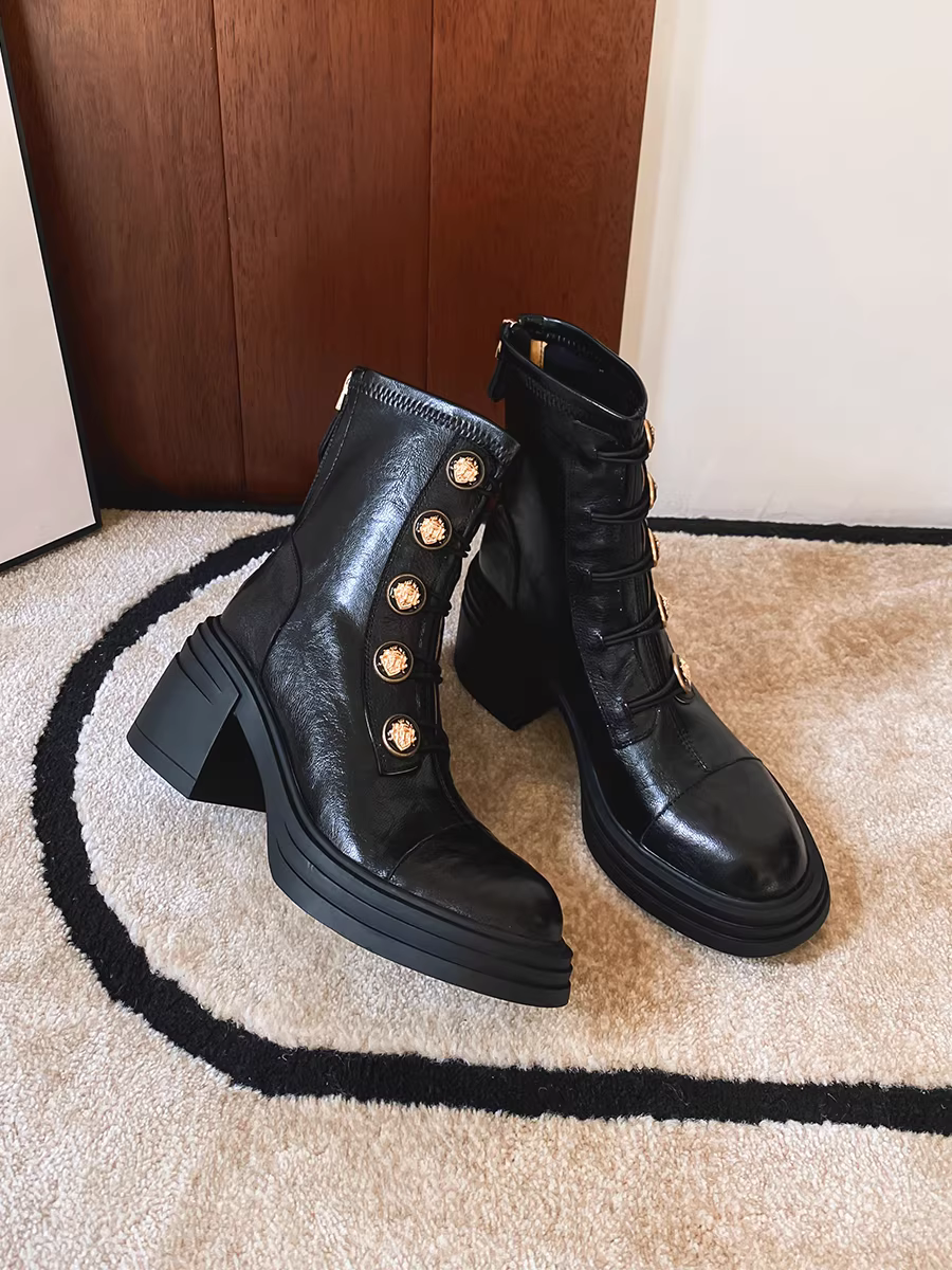 Pear Xiaoqi~ Giày bốt cao gót da thật kiểu cổ điển kiểu Anh đế dày tăng chiều cao gót dày đa năng Giày bốt Martin Giày bốt ngắn nữ