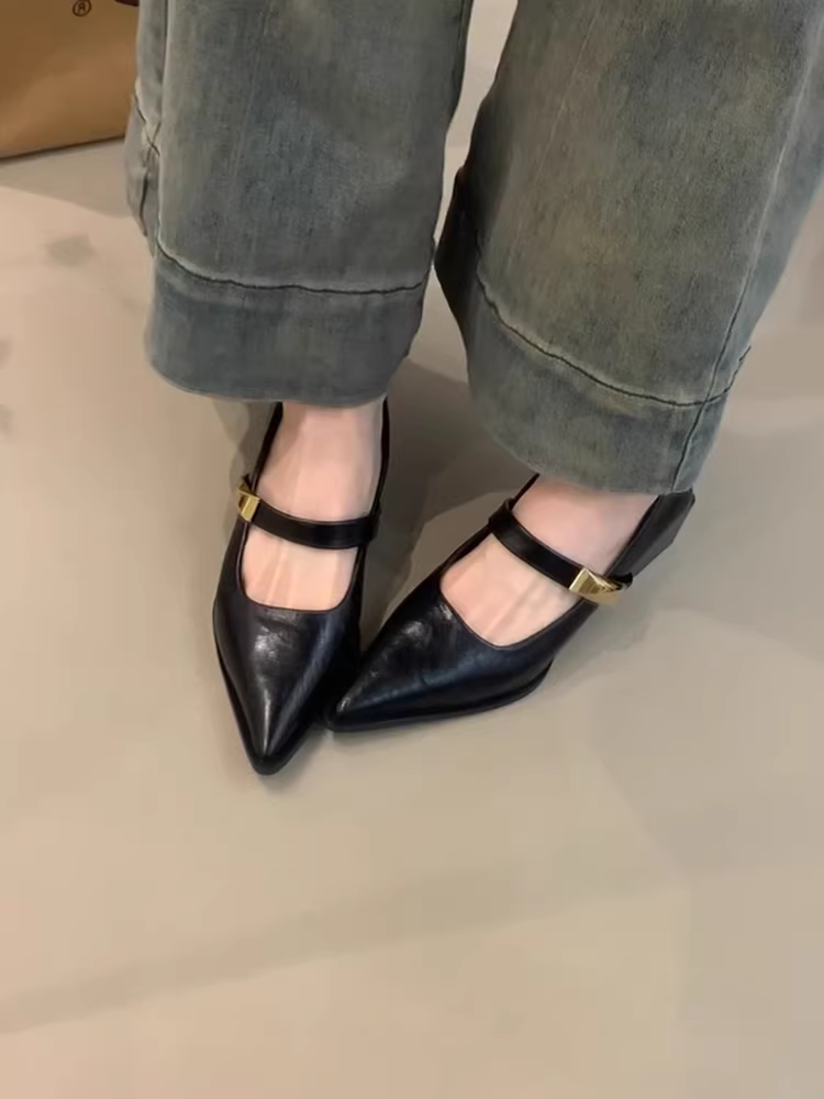 Phiên bản da cừu ~ Giày da đơn giản và đa năng dành cho nữ đi làm, giày đơn giản dị, thanh lịch với mũi nhọn và miệng giày nông, giày Mary Jane.