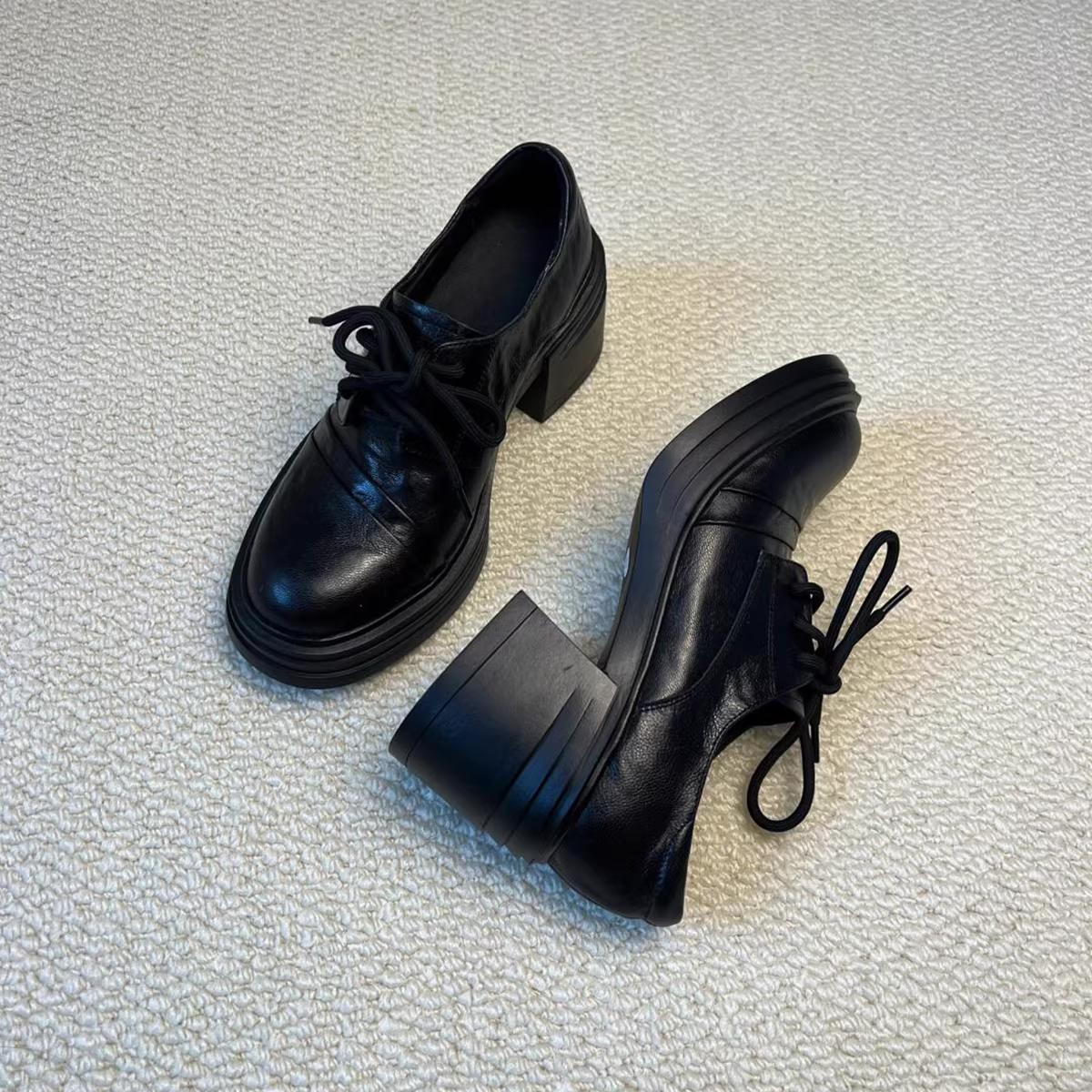 Phiên bản da cừu ~ Giày cao gót đi làm dành cho nữ, giày lười mũi tròn bằng da thật có dây buộc, giày đế dày chống thấm nước kiểu retro.