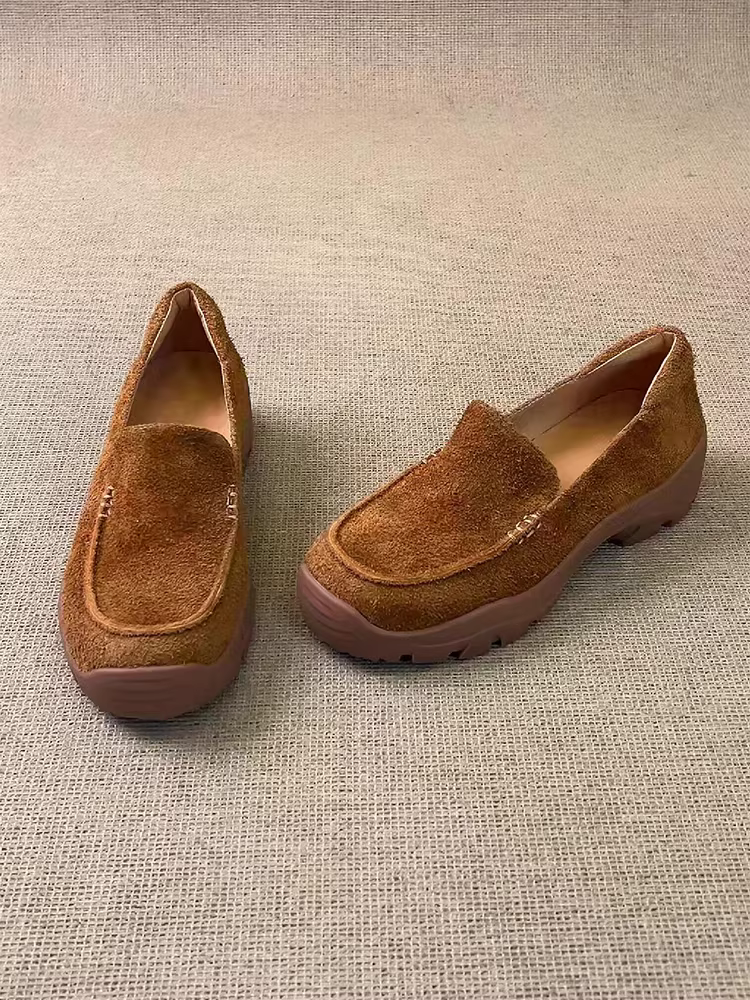Phiên bản da cừu ~ Giày lười thể thao đế dày dành cho nữ, giày da lộn mũi tròn đa năng, thoải mái, giày da nhỏ dễ mang