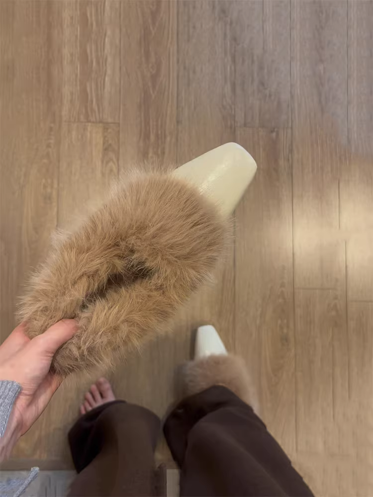 Phiên bản da bò~ Giày lười mũi vuông kiểu Pháp nhẹ nhàng và thanh lịch dành cho nữ, mùa thu đông, giày cotton lông mềm mại thanh lịch.