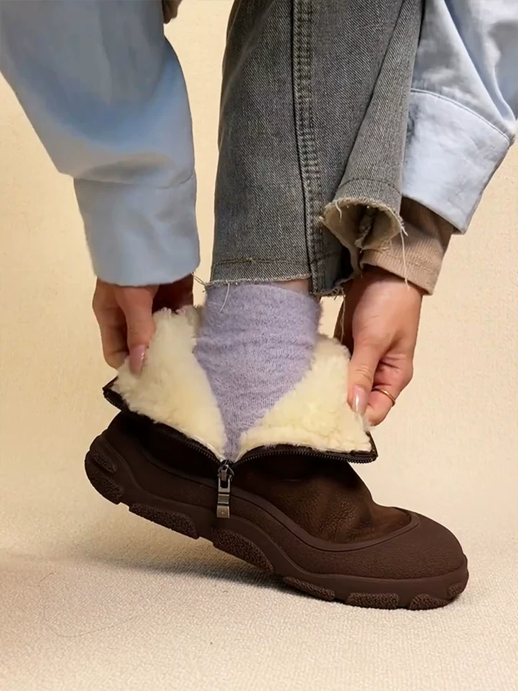 Phiên bản da bò ~ Giày nữ kiểu Birkenstock cổ điển dễ thương và độc đáo với lớp lót lông mềm, khóa kéo bên dày, ủng cotton da thật, ủng đi tuyết đế bằng thoải mái.