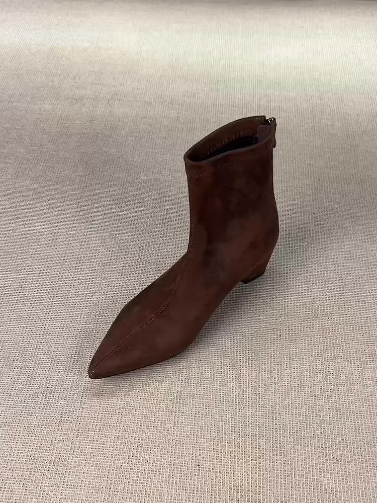 Phiên bản da bò ~ Giày bốt mỏng đi làm tối giản dành cho nữ, giày bốt da lộn cổ điển thon gọn mũi nhọn có dây kéo phía sau giày bốt thời trang