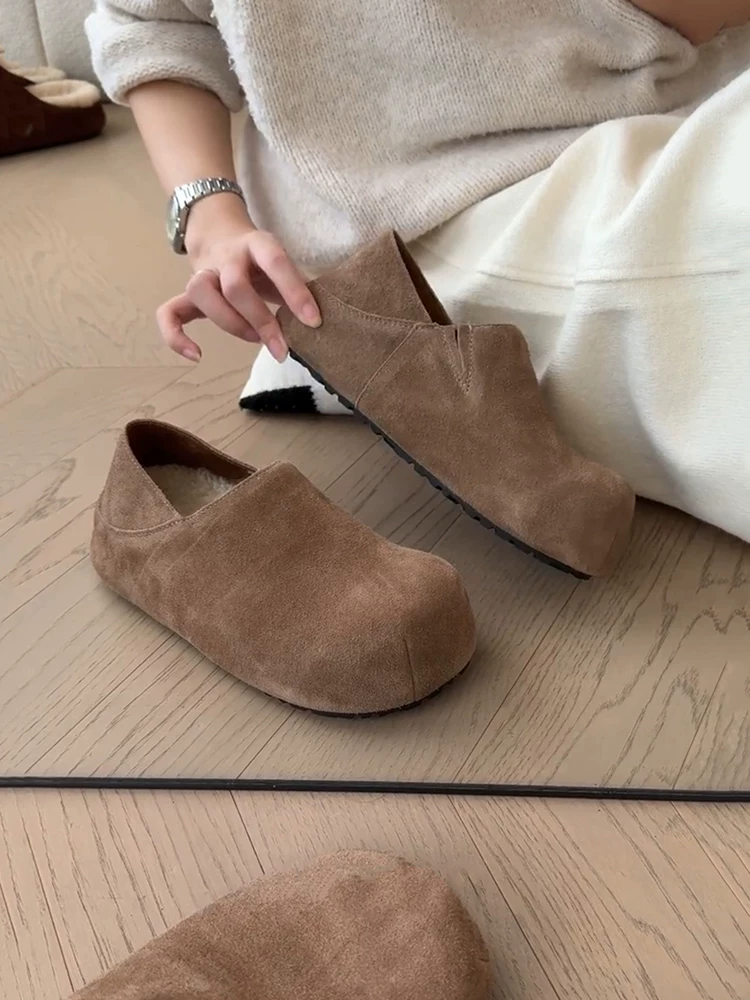 Phiên bản da cừu ~ Giày Birkenstock đế mềm bằng da mềm phong cách retro đa năng dành cho nữ, có thể mang hai chiều, kiểu dáng khoét sâu có lớp lót lông cừu, giày đế dày