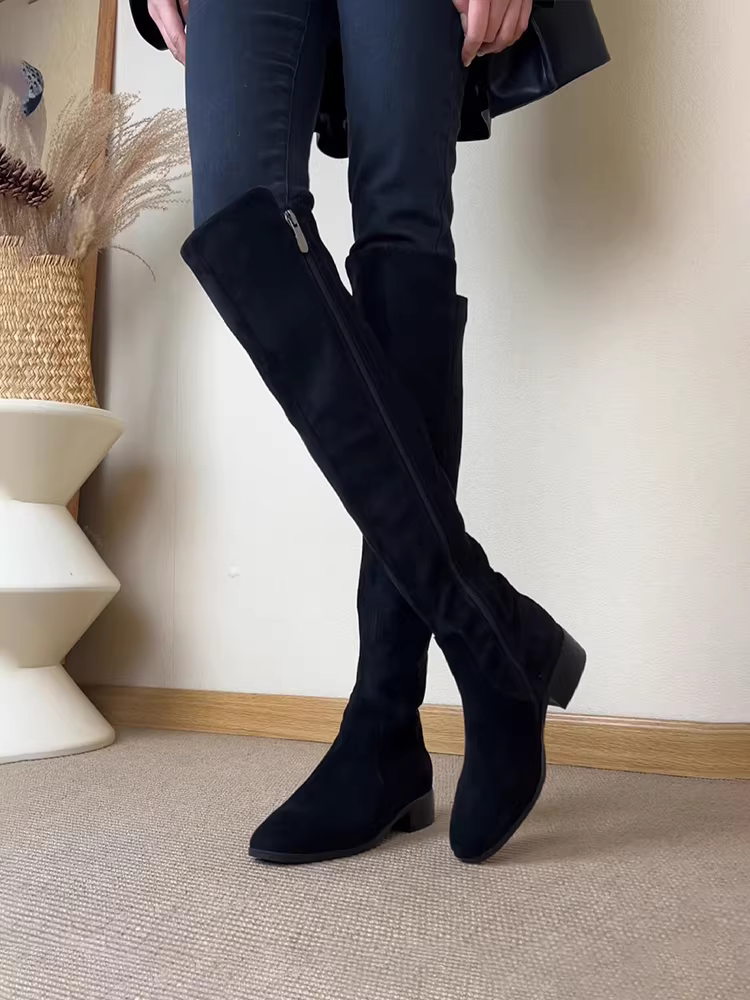 Phiên bản da bò ~ Giày bốt cưỡi ngựa cao quá đầu gối có khóa kéo bên hông dành cho nữ, bốt dài màu đen, tôn dáng, da mờ, bốt đa năng và thời trang.