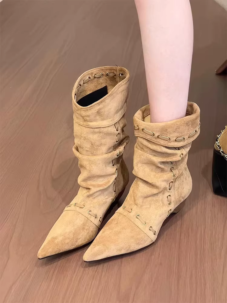 Phiên bản da bò ~ Giày bốt ngắn mũi nhọn có thể gấp lại hai chiều dành cho nữ, giày bốt thời trang da lộn cổ điển đa năng mùa thu đông