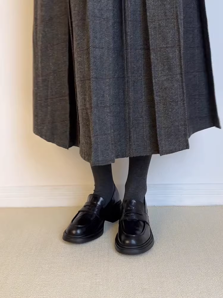 Phiên bản da cừu ~ Giày lười đế dày kiểu retro mới dành cho nữ, giày đơn mũi tròn kiểu lười, giày lười đi làm bằng da thật