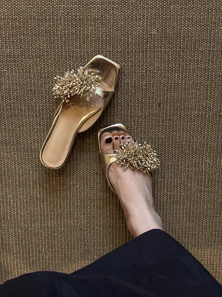 Phiên bản da cừu ~ Dép xỏ ngón da thật cao cấp kiểu Pháp có họa tiết pháo hoa dành cho nữ, dép đế thấp, đa năng, mũi vuông, thanh lịch.