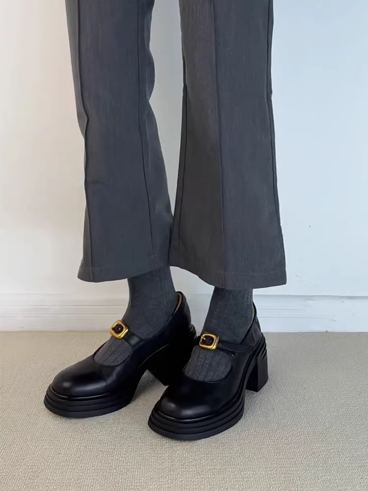 Phiên bản da cừu ~ giày lười tăng chiều cao đa năng dành cho phụ nữ nhỏ nhắn, giày da đế dày mũi tròn kiểu retro quai đơn