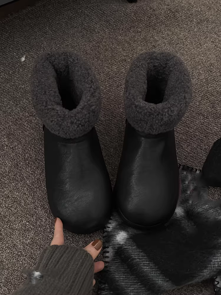 Phiên bản da bò ~ Giày bốt cotton đơn giản, giản dị, da thật cao cấp màu đen cổ điển dành cho nữ, giày bốt đi tuyết đế dày đa năng mũi tròn thời trang