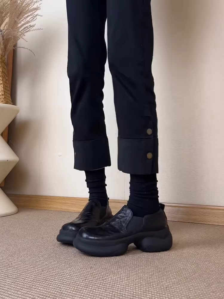 Phiên bản da cừu ~ giày đế dày kiểu retro dành cho nữ, giày da thật kiểu Anh, kiểu dáng xỏ ngón, mũi tròn, giày da nhỏ