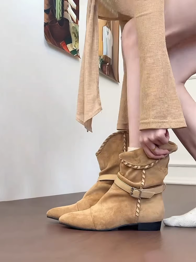 Phiên bản da bò ~ Giày bốt kiểu miền Tây phong cách retro có khóa thắt lưng, có thể đeo hai kiểu, chất liệu da lộn, đa năng, tăng chiều cao, kiểu dáng thời trang, ôm chân dành cho nữ