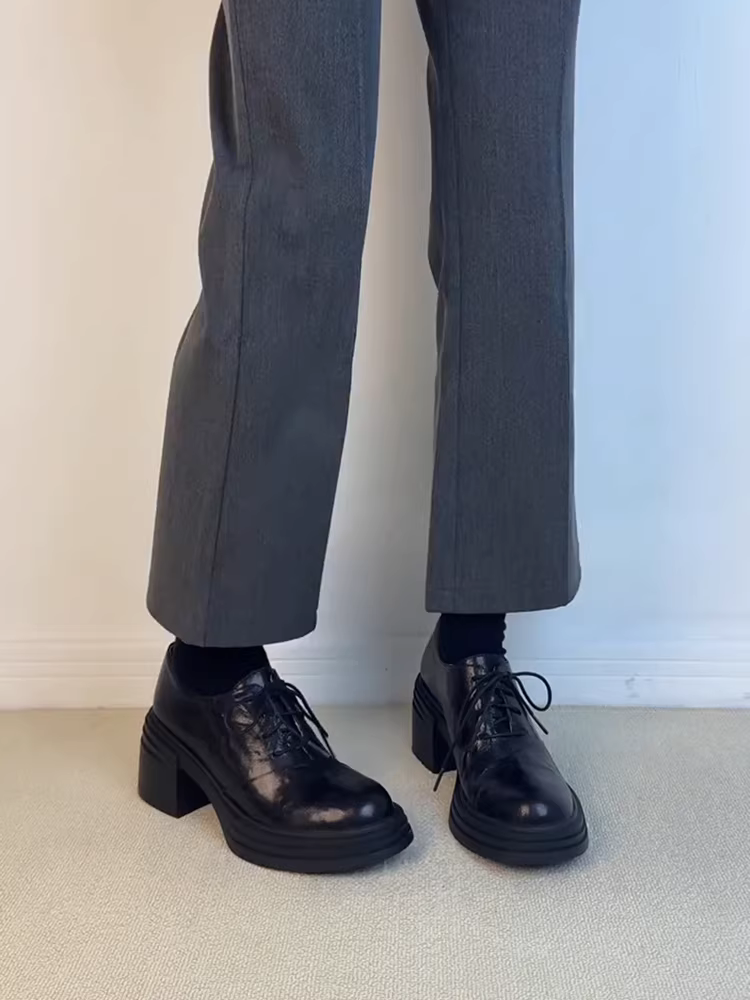 Phiên bản da cừu ~ Giày da cao cấp cắt sâu dành cho nữ, đế dày, giày lười cao gót nhỏ nhắn, giày đơn buộc dây phong cách Anh.