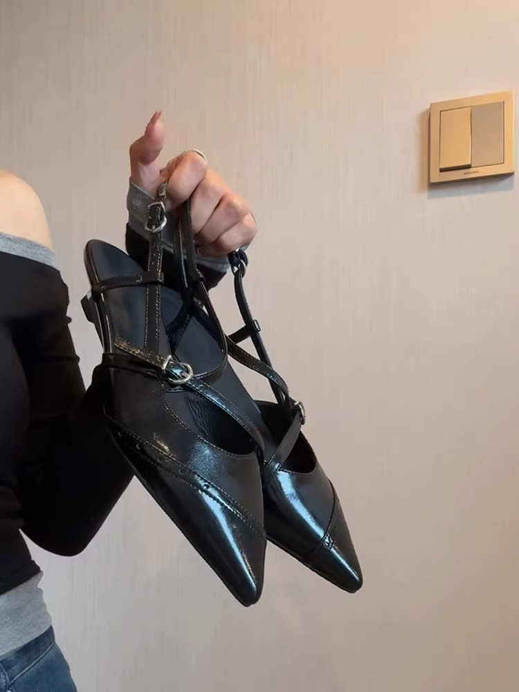 Phiên bản da cừu ~ Dép quai ngang bằng kim loại dành cho nữ, mũi nhọn thanh lịch, miệng nông, thiết kế mới, giày da thật mũi kín