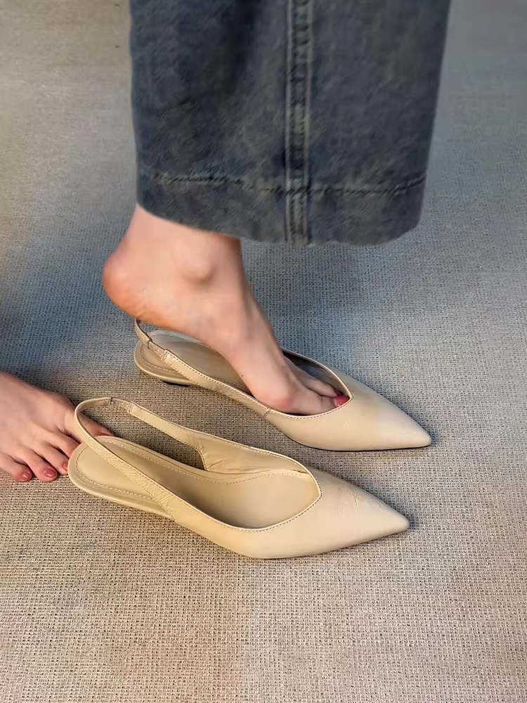 Phiên bản da cừu ~ Giày sandal mũi nhọn hở lưng kiểu Pháp thanh lịch dành cho nữ, giày công sở đa năng mũi nhọn có mũi kín.