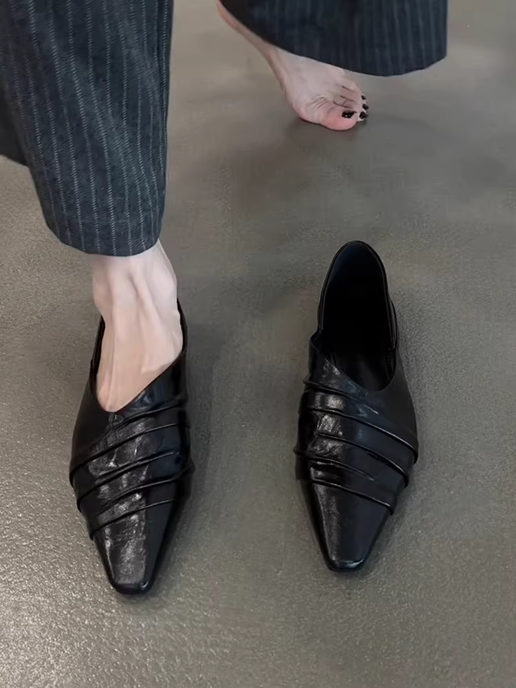 Phiên bản da cừu ~ Giày da thật thiết kế mới, kiểu xếp ly, mũi vuông, dễ mang, thích hợp đi làm và đi chơi ngoài trời, giày da đế bằng