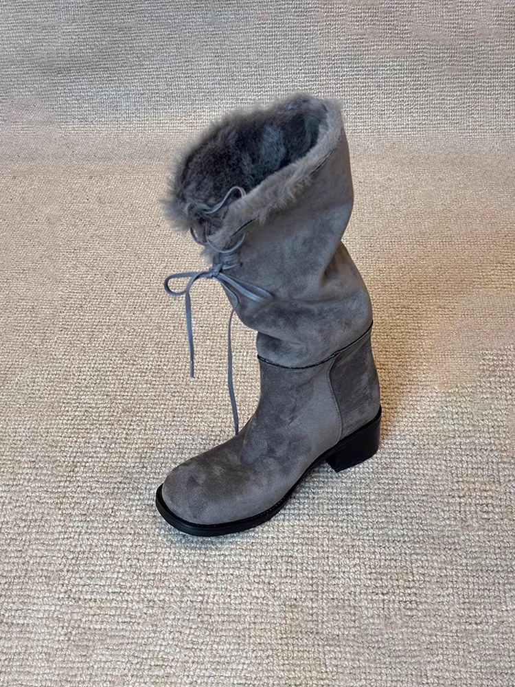 Phiên bản da bò ~ Giày bốt dài cổ điển cao cấp dành cho nữ, giày bốt đi tuyết lót lông dày kiểu Pháp, chất liệu da lộn, dây buộc, thiết kế độc đáo, có thể mang hai kiểu