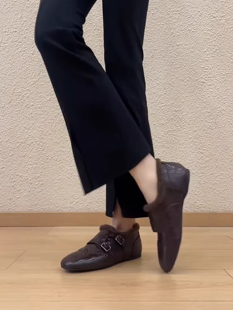 Phiên bản da cừu ~ Giày lười mũi vuông bằng da thật cổ điển dành cho nữ, giày đế bằng có lông khắc kiểu Anh