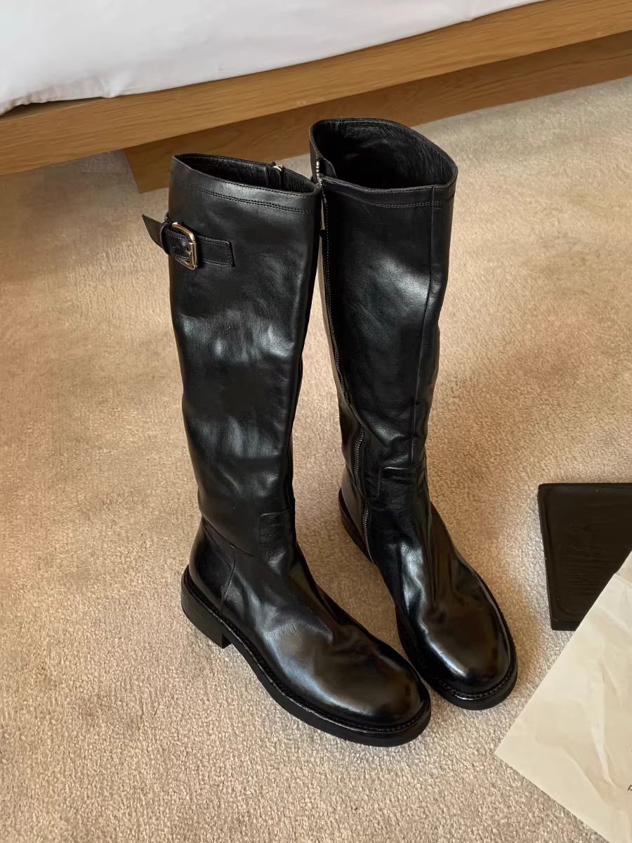 Da đã qua xử lý ~ da thật màu đen cổ điển bốt cao cổ đa năng tôn dáng gót dày bốt cưỡi ngựa bốt cao cổ nữ bốt cao cổ