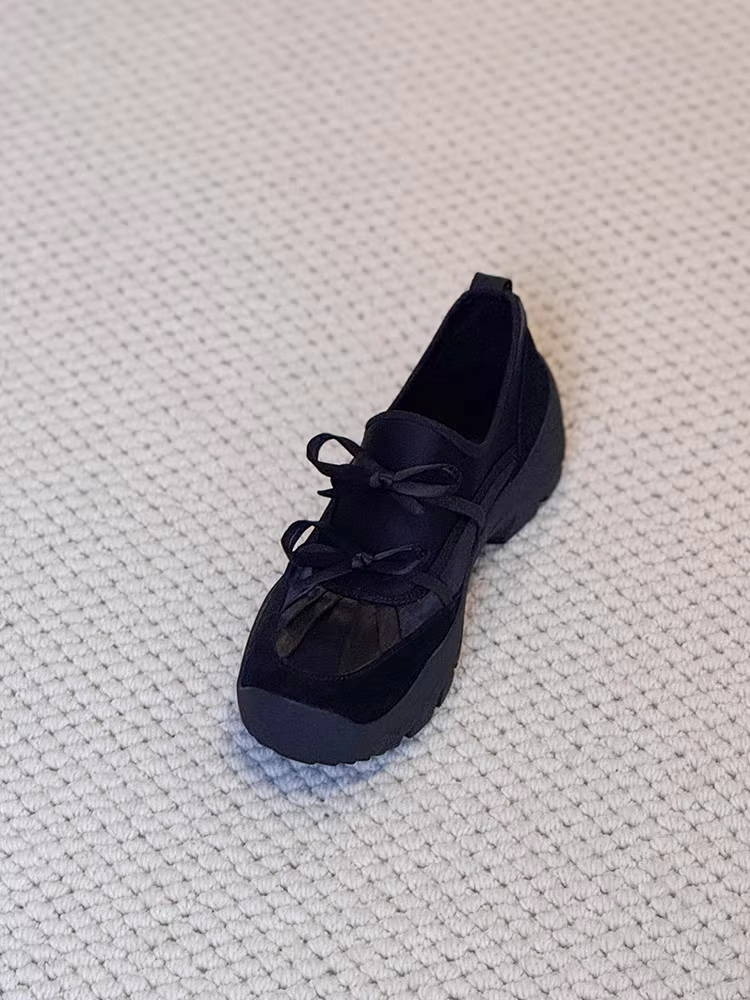 Phiên bản da bò~Giày lười cổ điển kiểu ballet dành cho nữ, giày thể thao đế dày có nơ bằng da lộn kiểu dáng thể thao đế dày