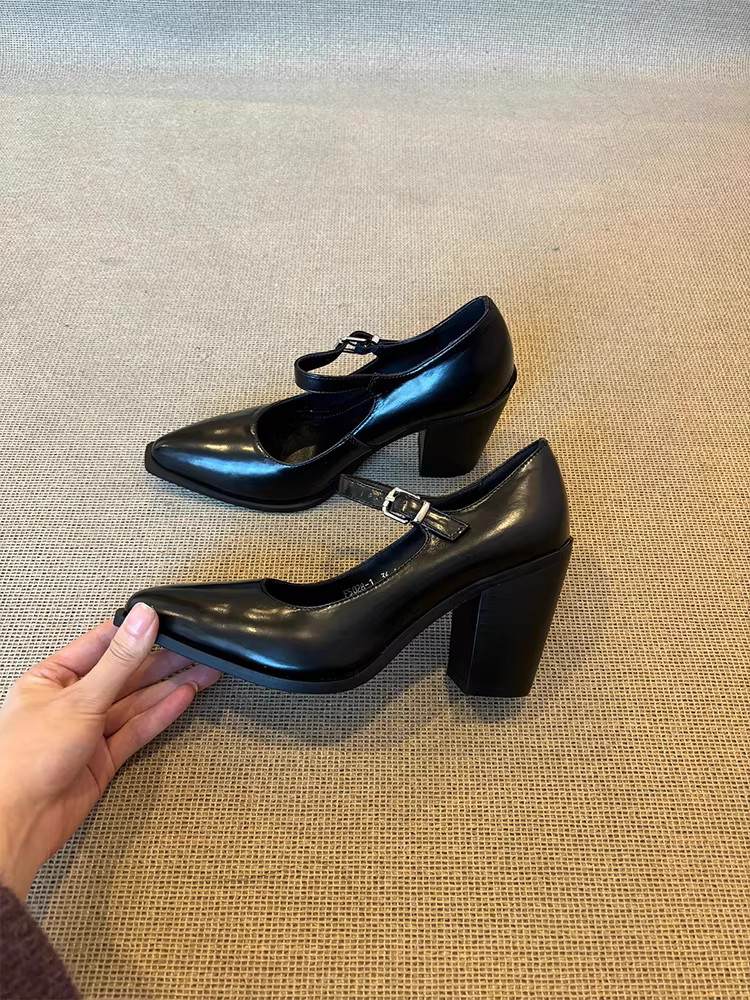 Phiên bản da cừu ~ Giày da cao gót Mary Jane màu đen thanh lịch kiểu Pháp dành cho nữ, giày da thật mũi nhọn quai đơn gót dày