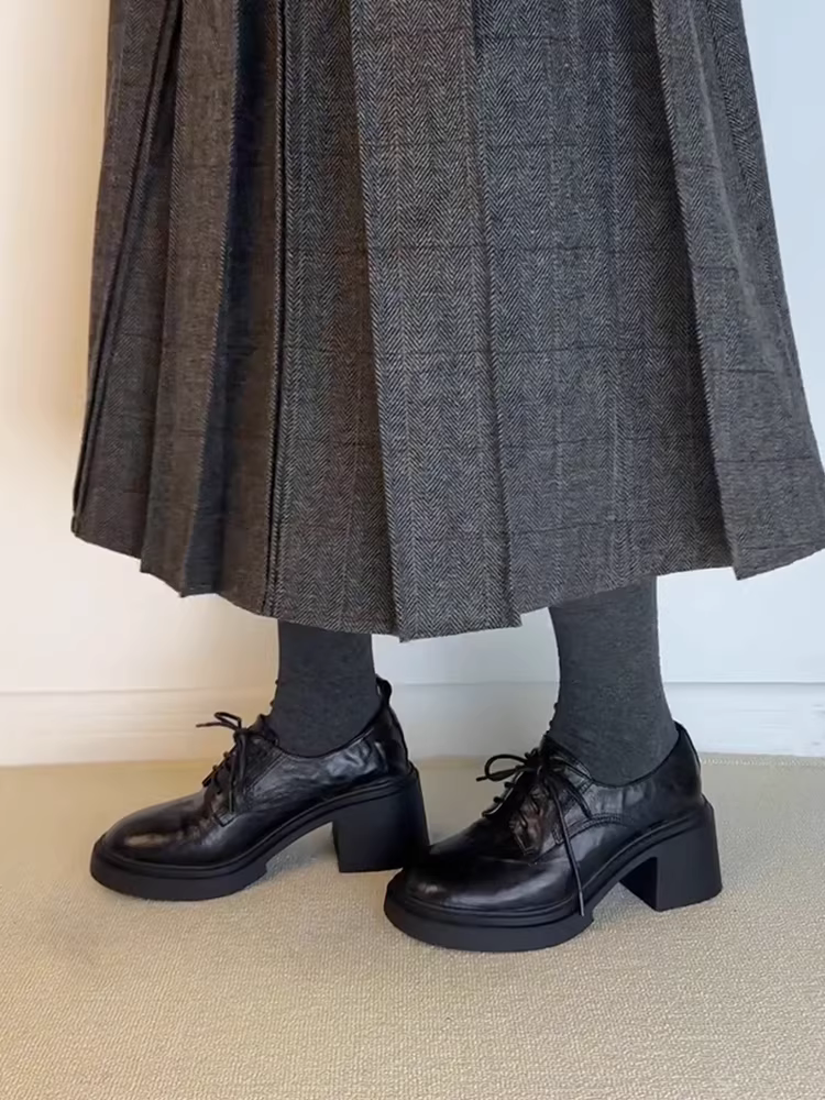 Phiên bản da cừu ~ Giày lười da thật kiểu Anh cổ điển dành cho nữ, đế dày, đa năng, buộc dây, giày da nhỏ gọn