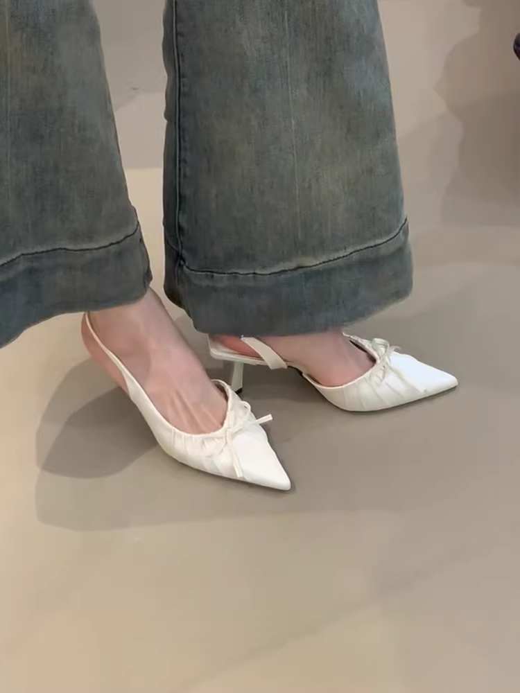 Phiên bản da cừu~ Giày cao gót thanh lịch kiểu Pháp dành cho nữ, giày mũi nhọn, dép quai hậu thắt nơ