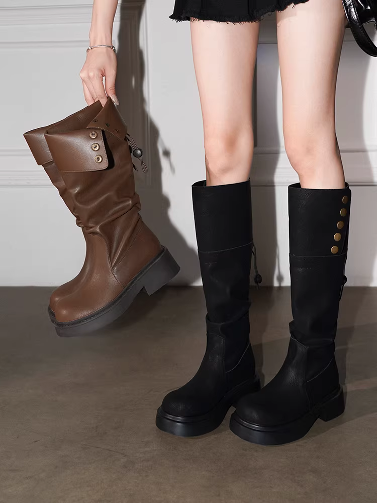 Pear Xiaoqi~ Giày bốt dài da thật Retro Melard Giày bốt dài đa năng dành cho nữ mùa thu đông Giày bốt cưỡi ngựa đế dày có thể mang hai chiều